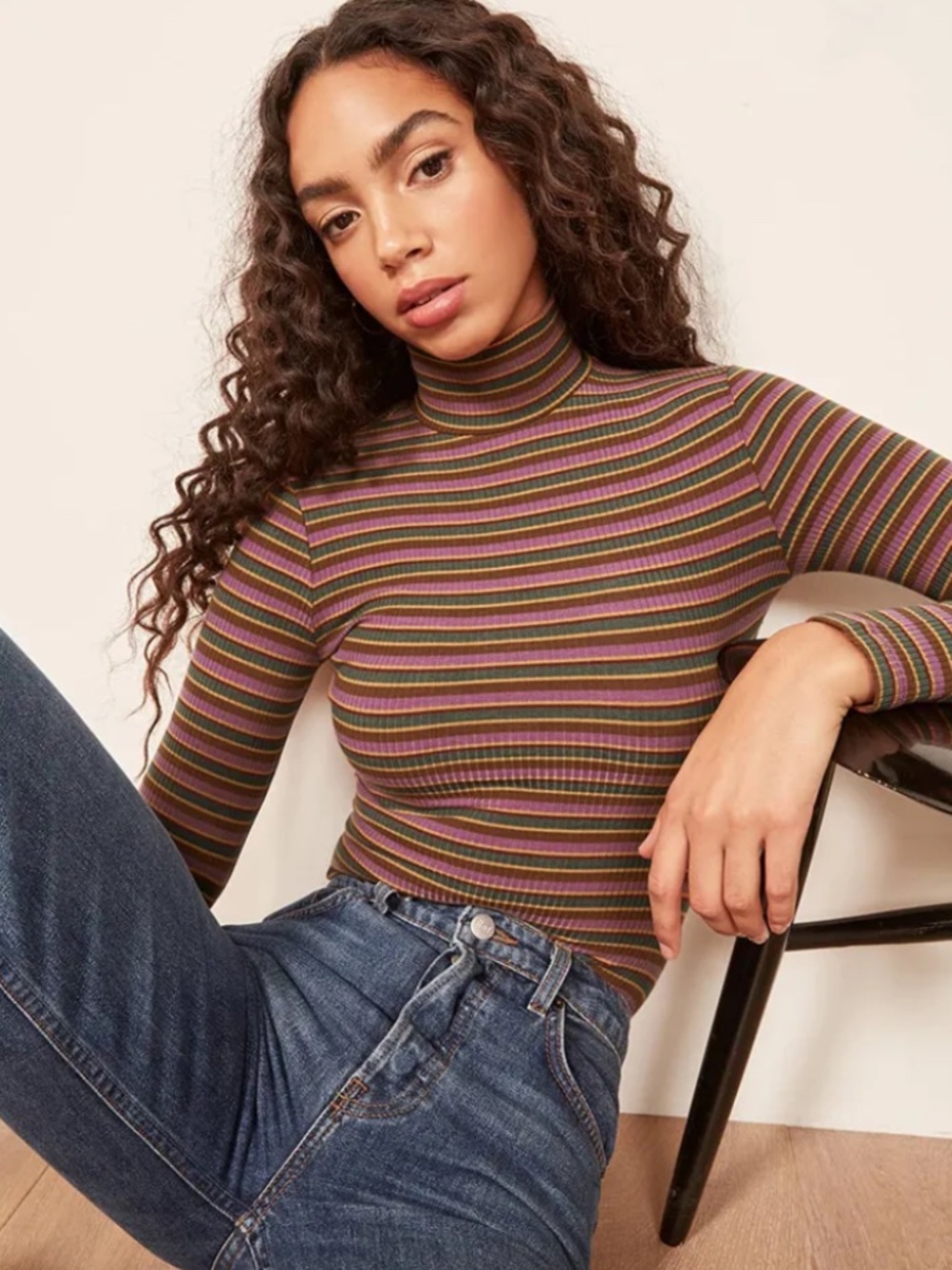 Reformation Striped Ribbed Mockneck Long Sleeve Top Size M